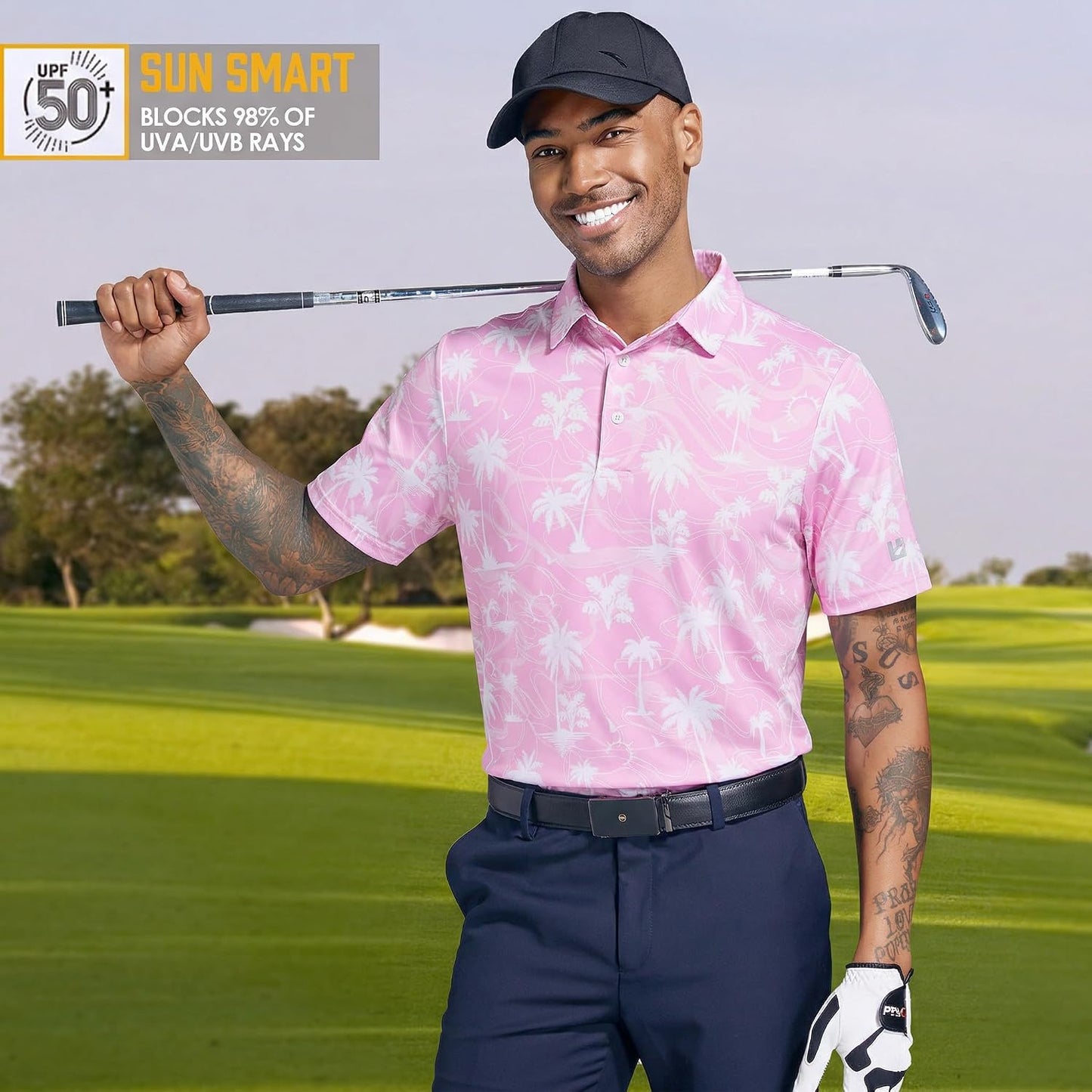 Golf Shirts for Men Dry Fit Performance Short Sleeve Print Moisture Wicking Polo Shirt