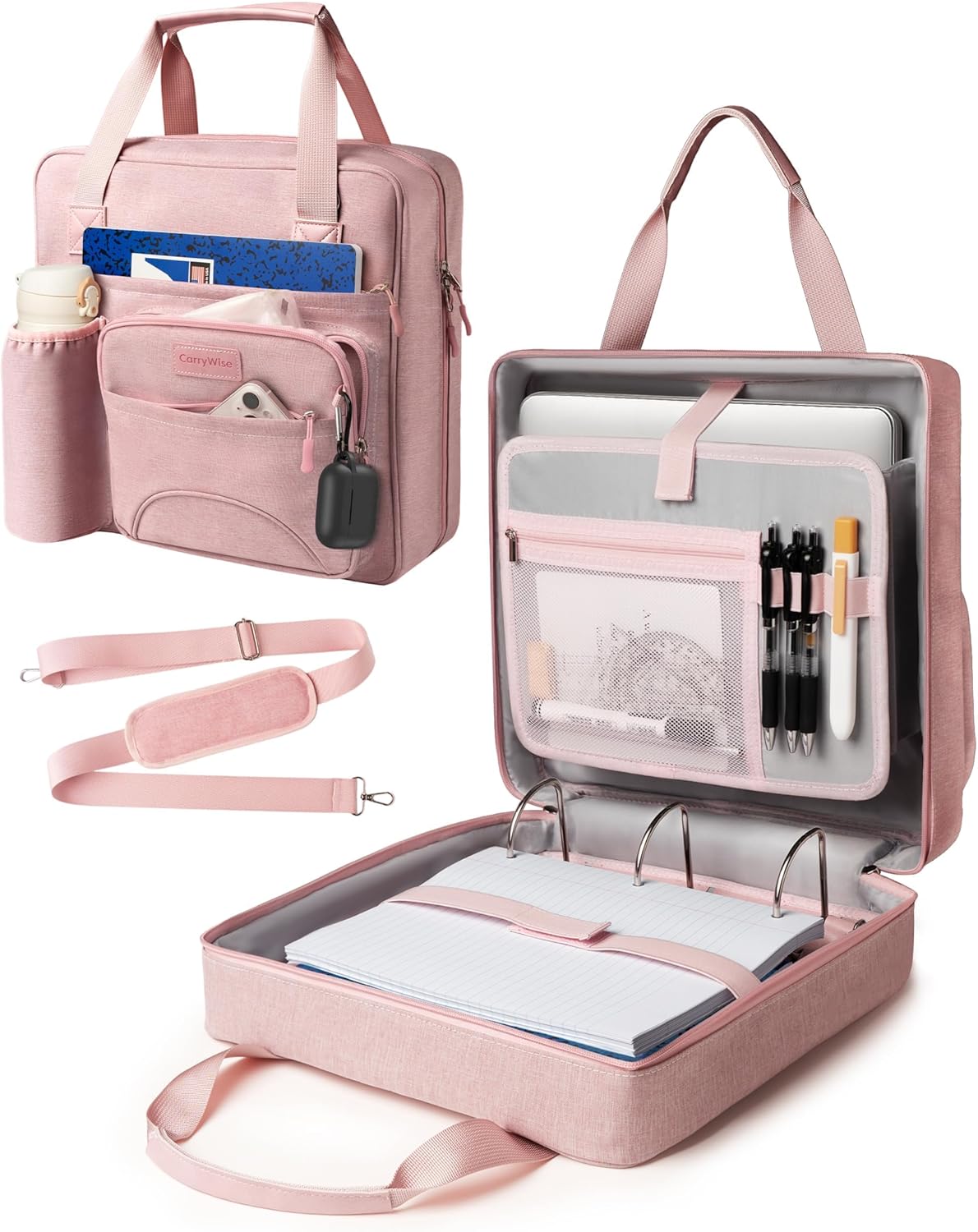 Upgraded 3 Rings Zipper Binder Organizer 3 Inch Zippered Binders with Strap Large Zip Up Portfolio Folder Bag with 9 Pockets 13“ 14” Laptop Compartment for Office Travel, Pink