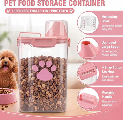 Dog Storage Container with cleaning brush,Measuring Cup,Portable Pet Food Containers with Upgraded Large Spout and Cup for Dogs,Cats,Birds,Small Animals（Pink）
