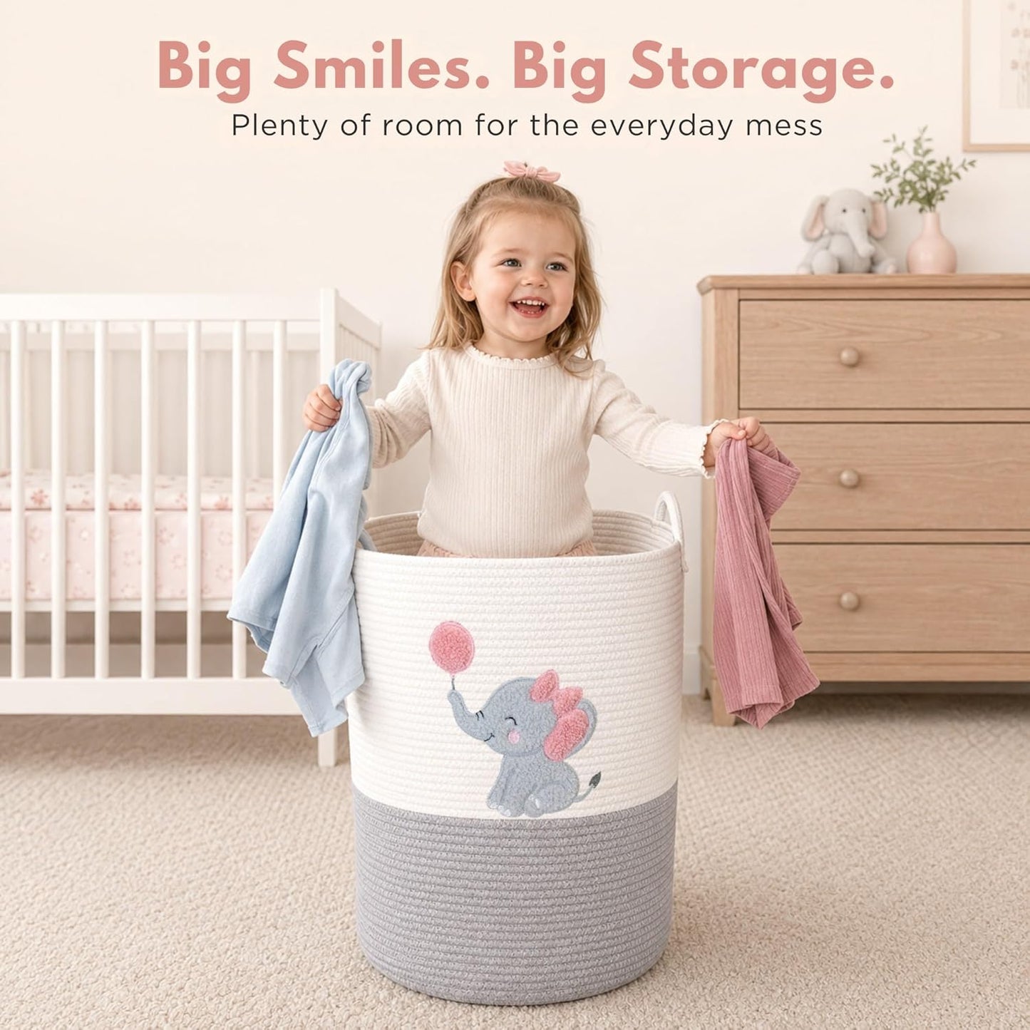 Elephant Laundry Hamper for Baby Girl Nursery – 20"x15" Cotton Rope Basket with Handles – Pink Baby Clothes Hamper, Blanket Storage, Stuffed Animal Organizer, Nursery Decor for Girls