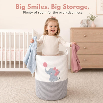 Elephant Laundry Hamper for Baby Girl Nursery – 20"x15" Cotton Rope Basket with Handles – Pink Baby Clothes Hamper, Blanket Storage, Stuffed Animal Organizer, Nursery Decor for Girls