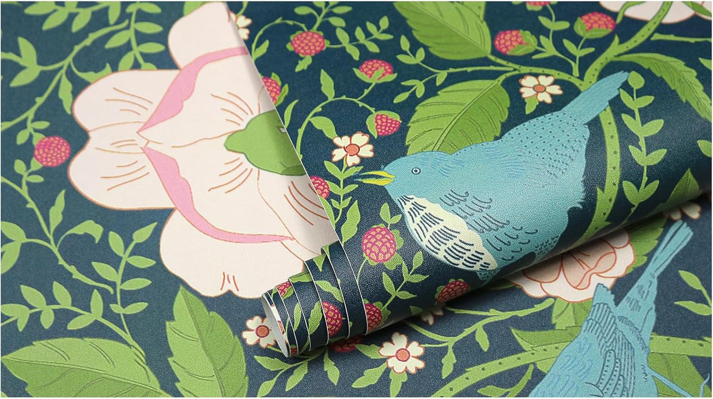 HAOKHOME Floral Peel and Stick Wallpaper Floral Bird Strawberry Green/Pink/Blue Removable Paper for Bathroom Bedroom Decor 17.3in x 9.8ft