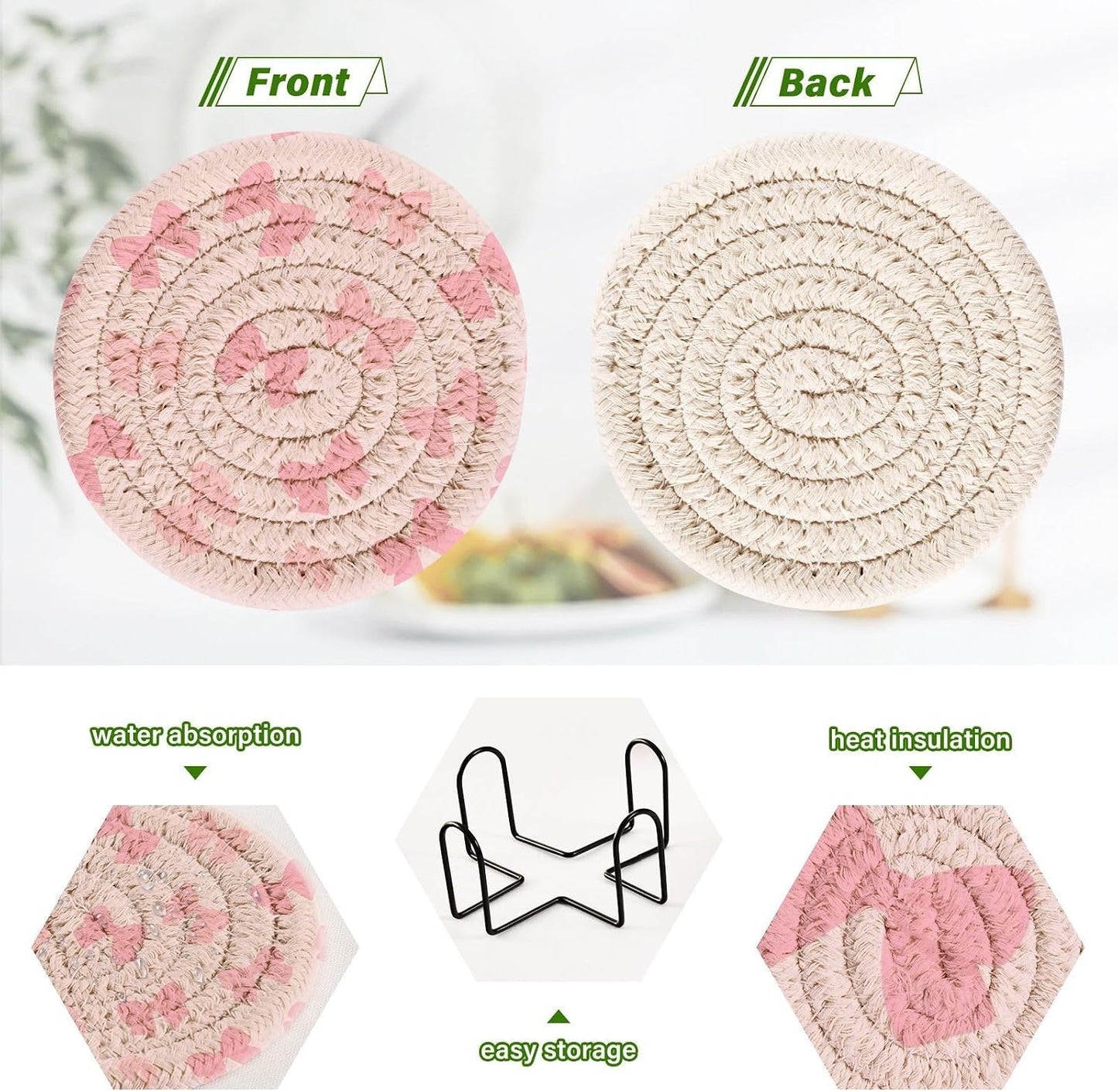 6 Pcs Drink Coasters Cute Light Pink Bow Woven Coasters Set Drinks Coasters with Holder