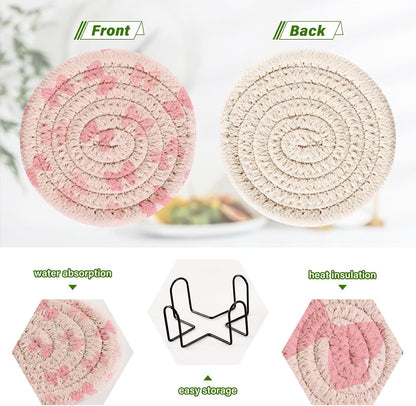 6 Pcs Drink Coasters Cute Light Pink Bow Woven Coasters Set Drinks Coasters with Holder