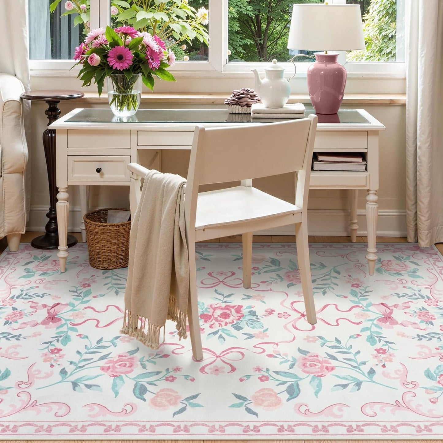 Collive Pink Rugs for Bedroom Girls, 4x6 Floral Washable Area Rug Non Slip, Soft Indoor Decor Elegant Carpet for Kids Room Nursery Living Room Dining Room (Pink 4' x 6')