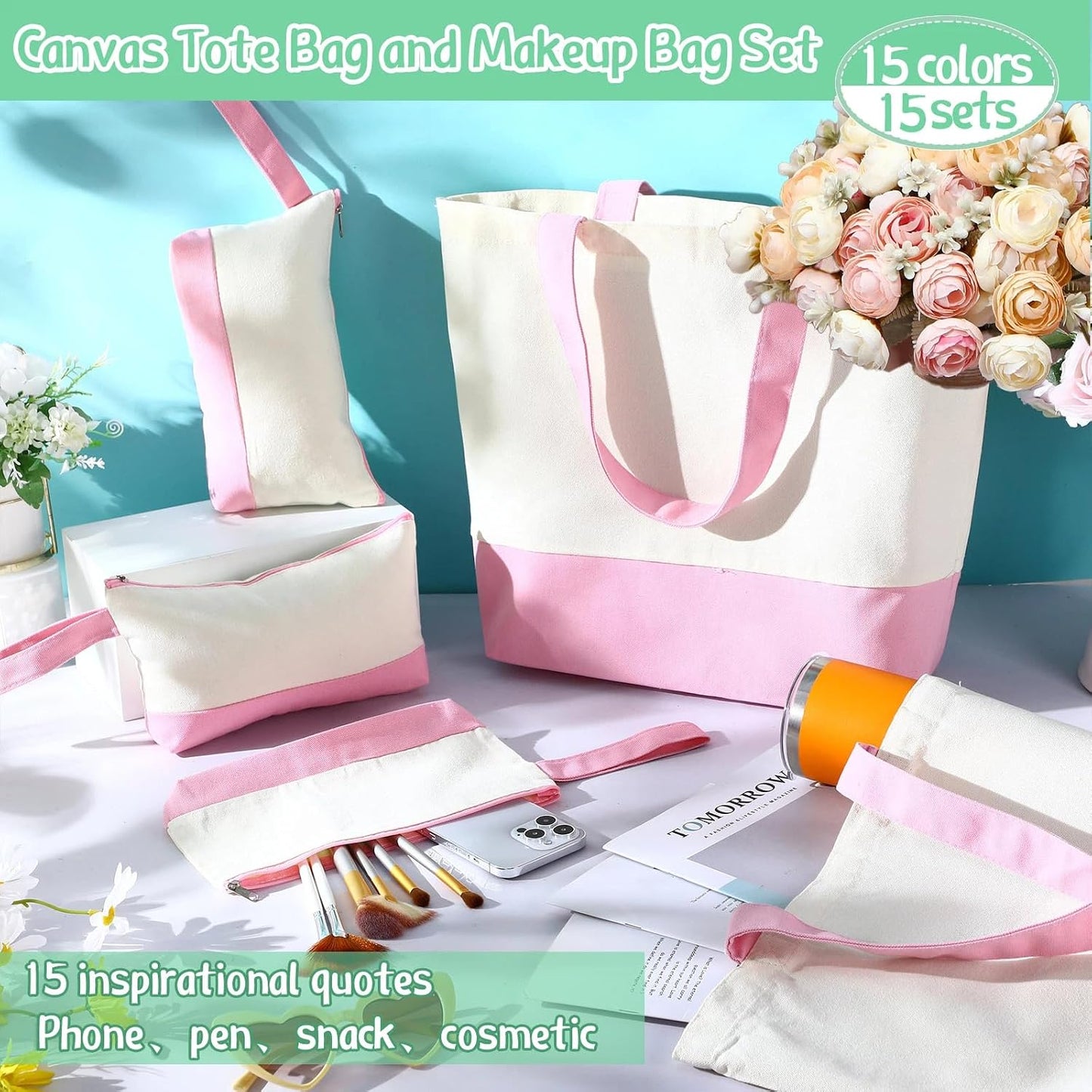 Sanwuta 30 Pcs Canvas Tote Bags Bulk with Zipper Cosmetic Pouch 18.5" Reusable Cotton Shopping Bag with Handle for DIY Craft (Light Pink)