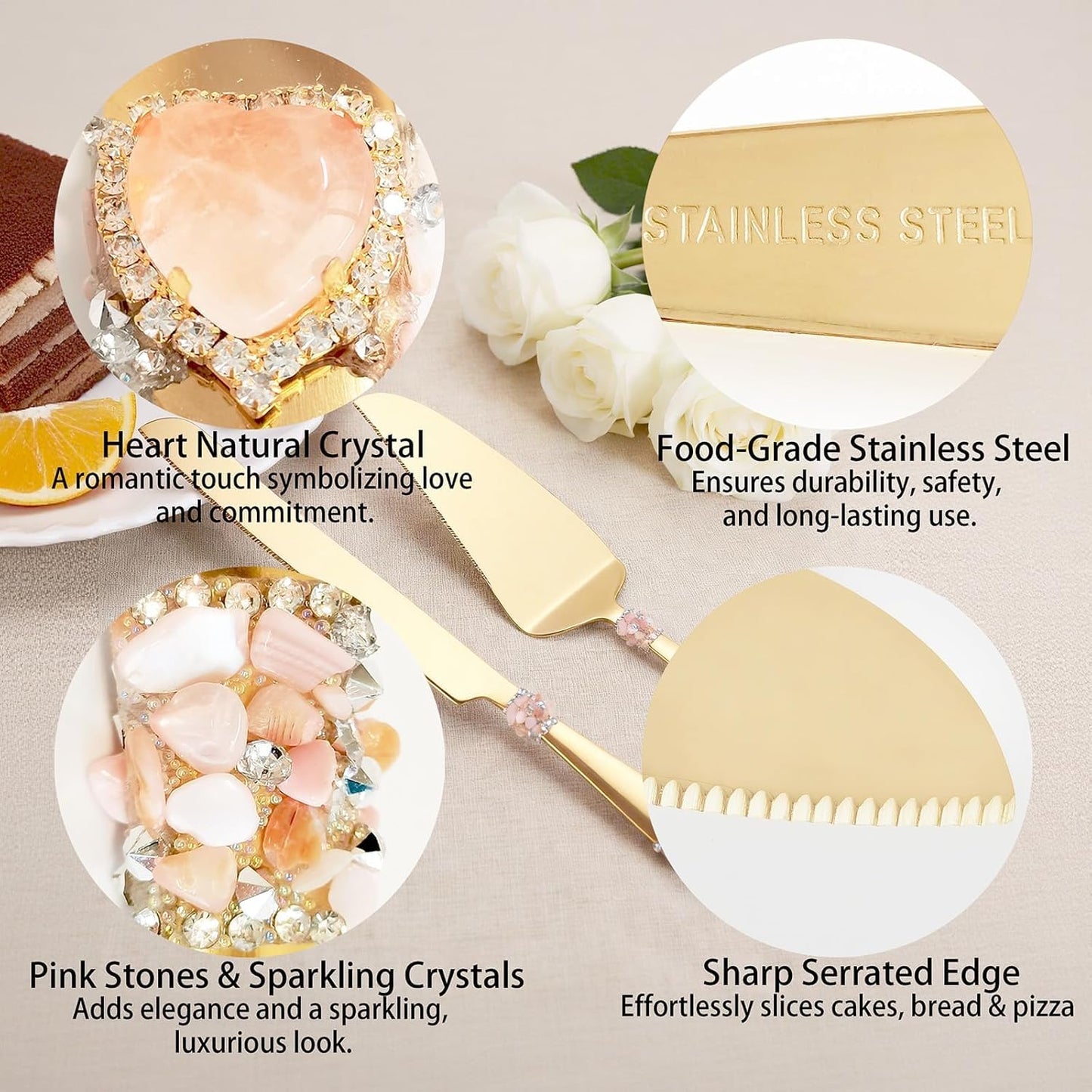 Handcrafted Luxury Gold Wedding Cake Knife and Server Set – Stainless Steel with Crystal & Gemstone Embellished Handles, Gift for Wedding, Anniversary, Engagement, Bridal Shower (pink)