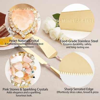 Handcrafted Luxury Gold Wedding Cake Knife and Server Set – Stainless Steel with Crystal & Gemstone Embellished Handles, Gift for Wedding, Anniversary, Engagement, Bridal Shower (pink)