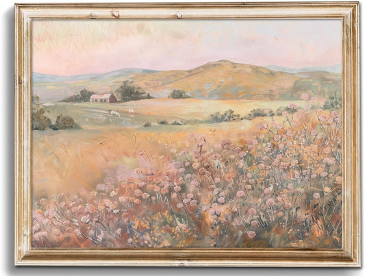 uniro Vintage Wall Art Prints Wildflower Farmhouse Wall Decor, Vintage Landscape Canvas Oil Painting Peach Pink Flowers Mounatin Artwork for Bedroom Nursery Decor (8" x 10"-UNFRAMED)