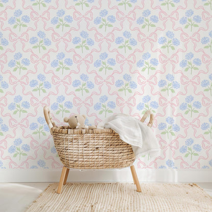 Peel & Stick Wallpaper 17.7''x118.1'' - Simple Grid Bow- Floral Delicate Pastel Flowers Feminine Hydrangea Blue Pink White Home Decor Removable Wallpaper