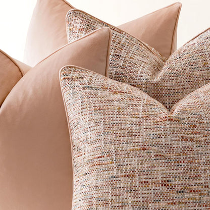 a moment Light Pink 4 Pack Throw Pillow Covers - Chenille & Velvet Set with Piping, Farmhouse Textured Design Pillow Cases for Couch Sofa Bed Livingroom (18x18 Inch, No Insert)