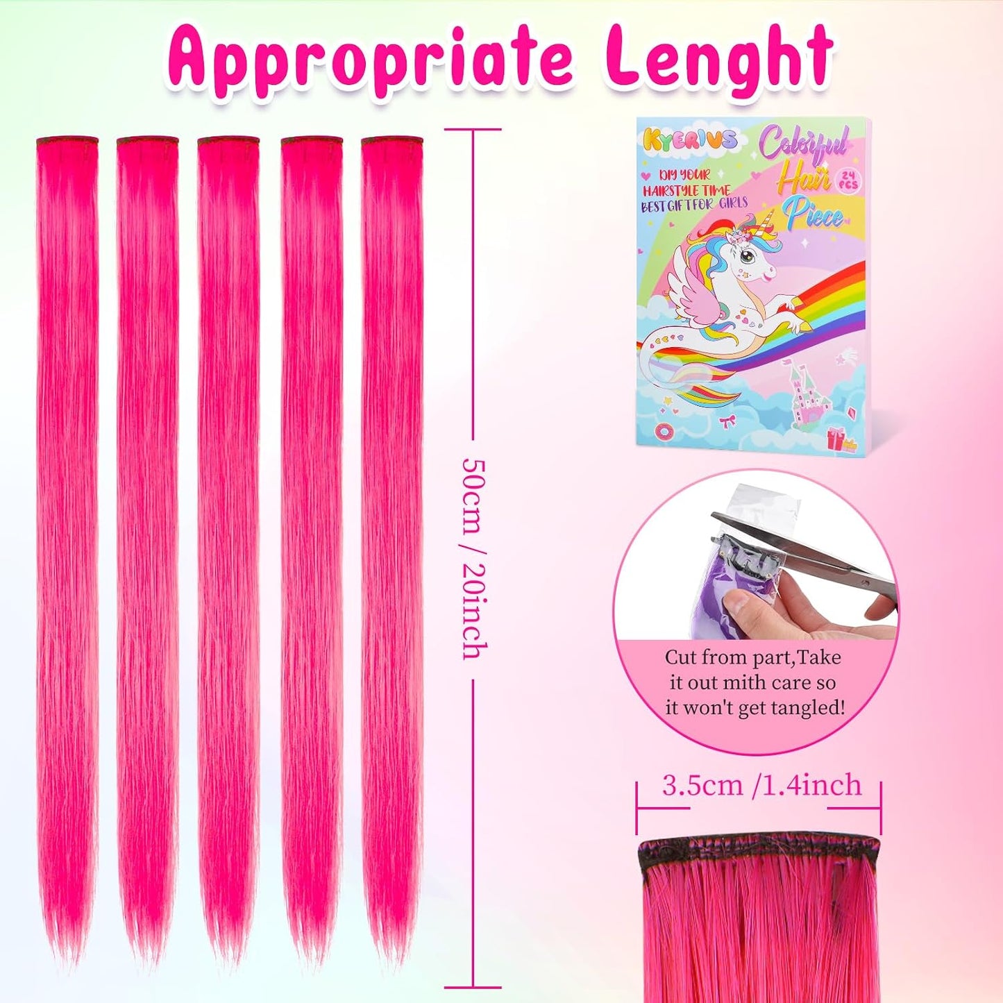 Kyerivs 24PCS Pink Clip in Hair Extensions for Girls 20Inch Rainbow Straight Synthetic Hairpieces for Girls Party Highlights Pink Hair Accessories Halloween Gifts for Women Easter Gifts