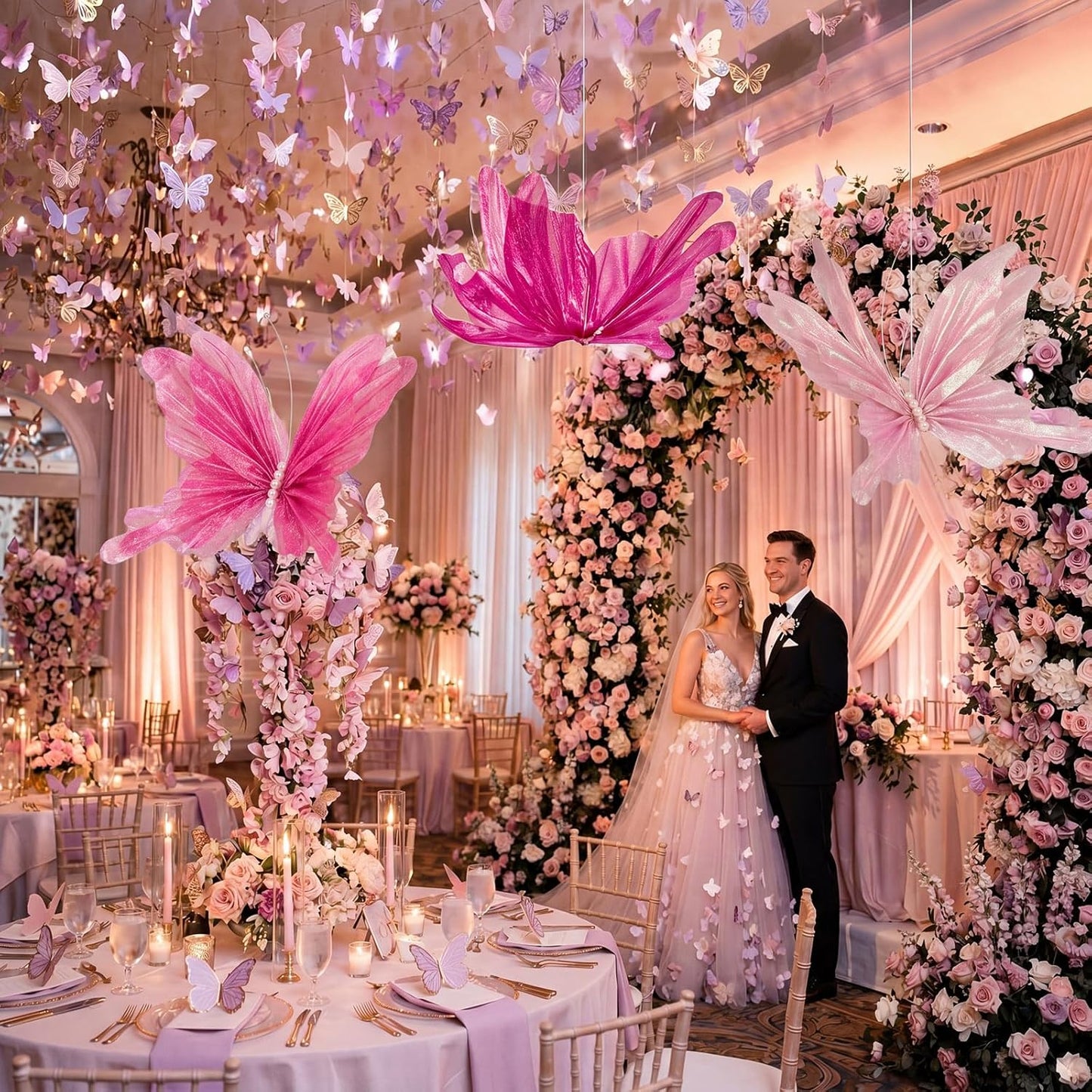 Havawish 3 Pcs 19.7in Giant Butterfly Decoration for Wedding Party Reception, Artificial Gauze Large Butterfly Prop for Banquet Ceremony Church, Pink, Peach Pink, Rose Red
