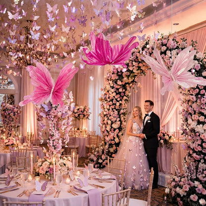Havawish 3 Pcs 19.7in Giant Butterfly Decoration for Wedding Party Reception, Artificial Gauze Large Butterfly Prop for Banquet Ceremony Church, Pink, Peach Pink, Rose Red