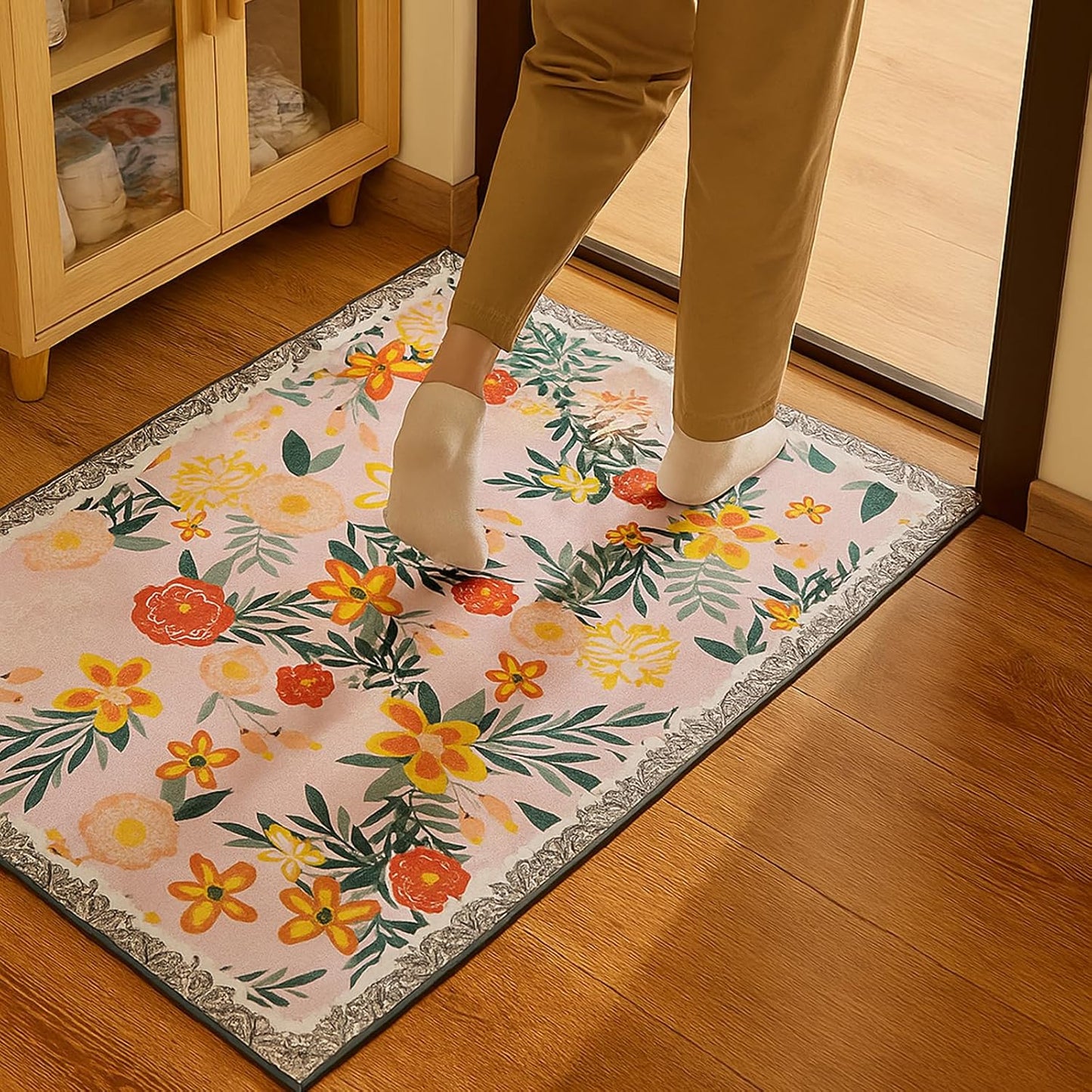 2x3 Entryway Rug, Pink Blush Floral Washable Boho Area Rug, Non-Slip Small Indoor Door Mat for Bathroom, Soft Front Door Throw Carpet, Ideal for Bedroom, Laundry, Hallway, Entrance