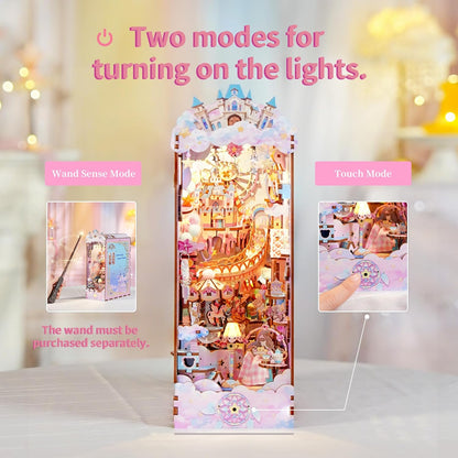 Tonecheer DIY Book Nook Kit for Adults, Booknook Wooden 3D Puzzle Bookend Miniature House Kit, Fantasy Pink Bookshelf Decor with Dust Cover and LED Light for Birthday Gifts (Sweet Dream)