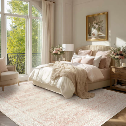 Light Pink Bedroom Rugs 6x9 Vintage Distressed Aesthetic Cute Boho Floral Feminine Low Pile Soft Carpet Machine Washable Stain Resistant Area Rugs for Kids Room Nursery Playroom Office 6 x 9