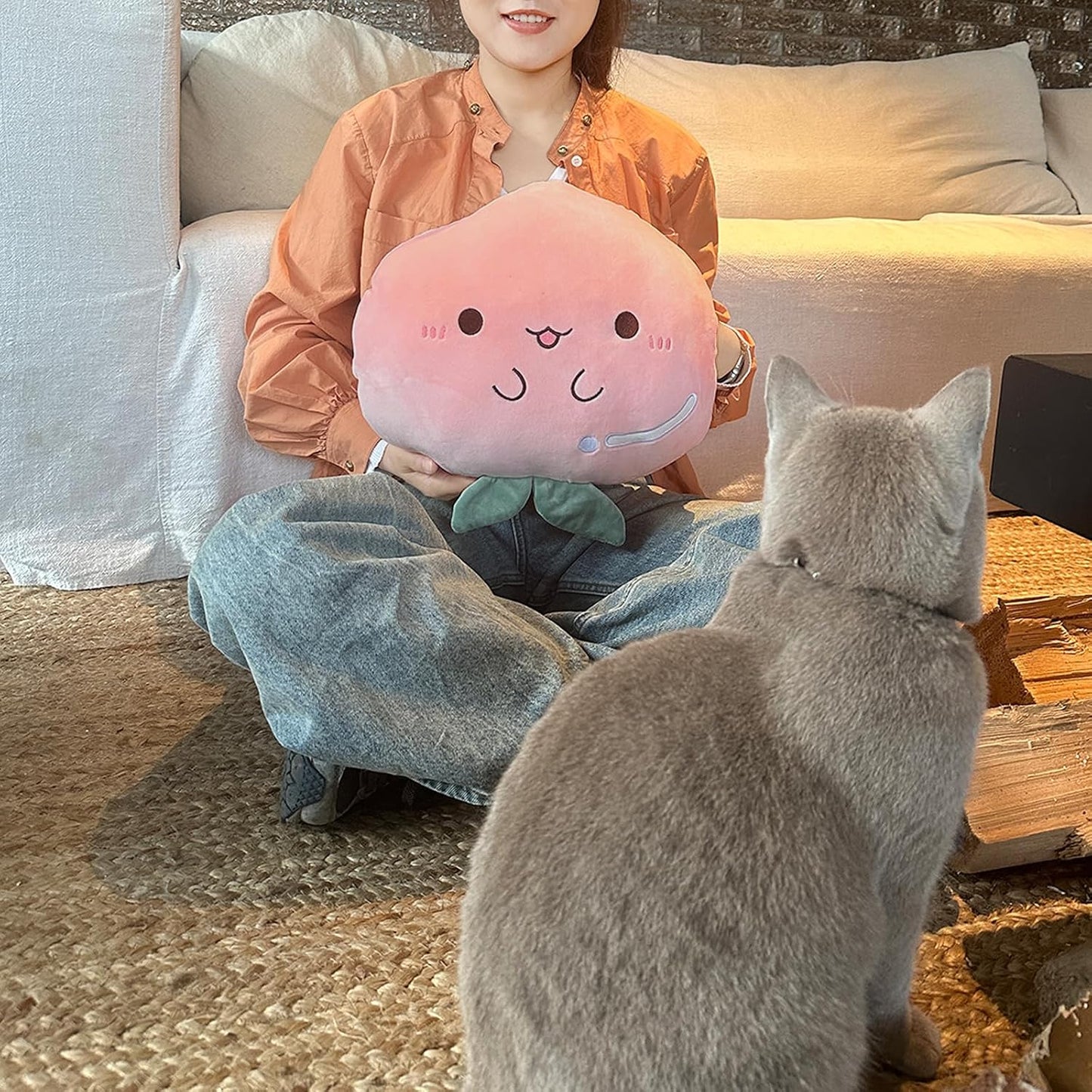Goylmc Peach Plush Pillow, Fruit Stuffed Animal, Food Plush Pillow with Hand Pocket, Gift for Kids Adults (12.9 * 12.2in)