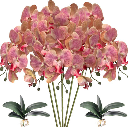 HinyoCo 5 Pcs Artificial Orchid Flowers and 2 Bundles Leaves,Artificial Phalaenopsis Flowers 32 Inch Stem Plants for Home Wedding Decoration (Pink)