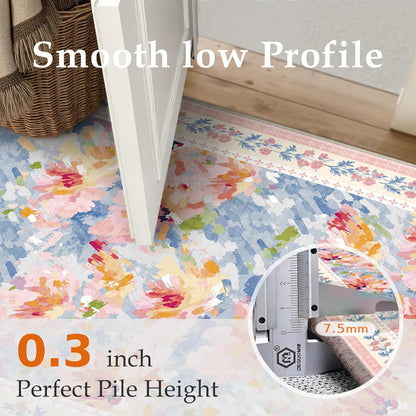 2x3 Washable Area Rug for Entryway Pink Blue Floral Abstract Soft Throw Rug Modern Non Slip Low Pile Small Carpet for Kitchen Bathroom Living Room Bedroom