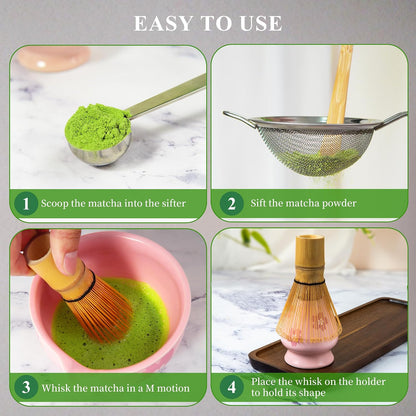 YIBO Matcha Whisk Set, Matcha Making Kit Bamboo Whisk (Chasen), Pink Printing Ceramic Whisk Holder Stand, Sifter, Scoop Japanese Tea Tools For Ceremony Gift