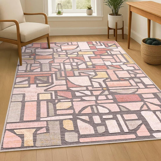 DEXDE Area Rug 3x5, Vintage Checkered Abstract Rugs for Living Room, Washable Modern Non Slip Soft Low Pile Indoor Floor Carpet for Bedroom Office Nursery Bedside Dining, Pink