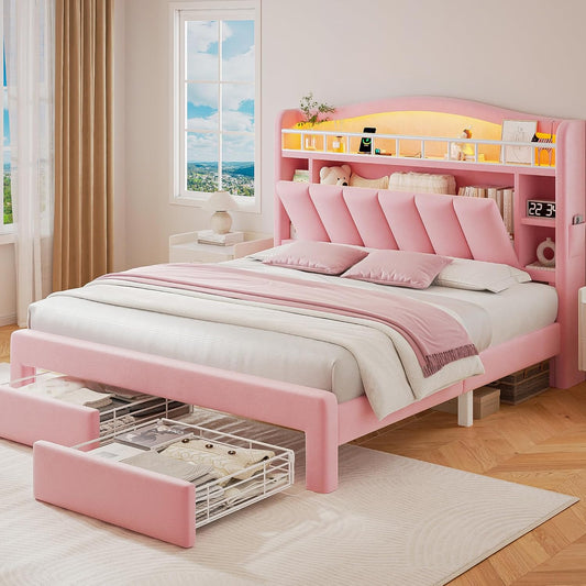 Queen LED Bed Frame with Storage Headboard & 2 Storage Drawers, Princess Velvet Upholstered Bed with Vertical Tufted Headboard Design for Girls, USB & Type-C Charging Ports, Wooden Slats Support, Pink