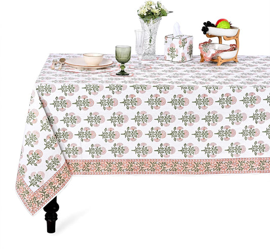 Ridhi Mughal Buta Peach Hand Block Print Cotton Rectangle Tablecloth 102" x 48" inches Reusable Table Cover Decorative Everyday Use for Dining Room, Farmhouse, Home Gift for Spring, Mother's Day