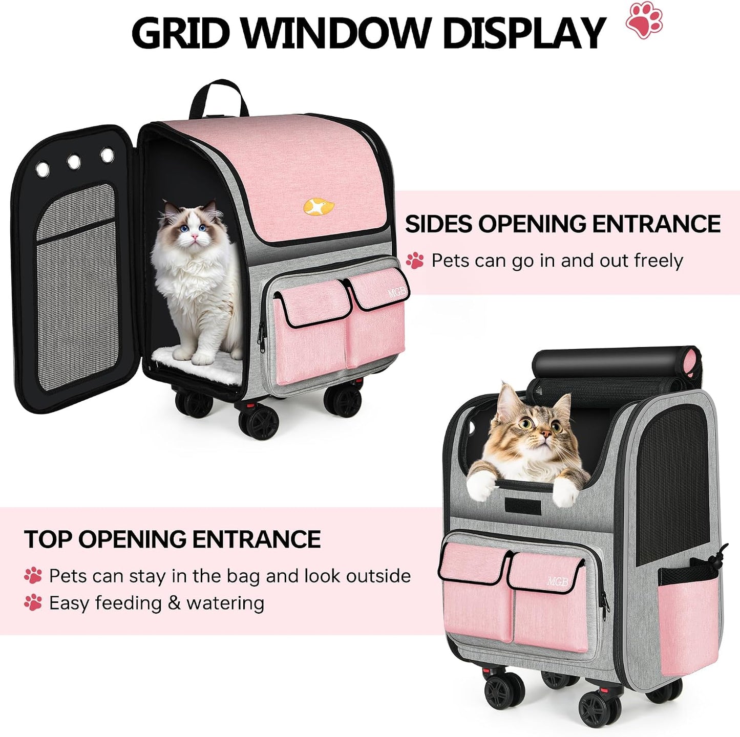MGB Large Pet Carrier, Foldable Rolling Dog Carrier with Removable Wheels, Cat Rolling Bag 21.3"x15"x12.2" for 2 Cats & 1 Dog for Travel, Outdoor, Vet Visits, Camping, Indoor. Pink. (Not for Airline)