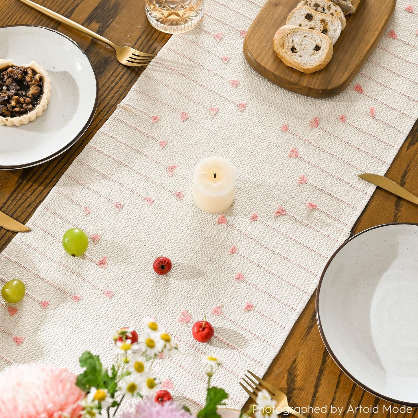 Artoid Mode Pink Boho Table Runner for Farmhouse Rustic，Seasonal Holiday Macrame Burlap Kitchen Dining Table Decoration for Home Party Decor 12x72 Inch
