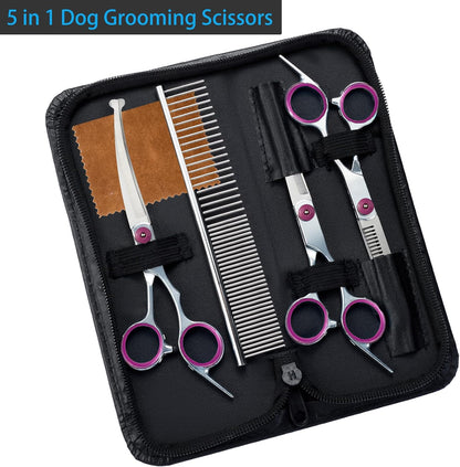 5 in 1 Premium Dog Grooming Scissors, Professional Dog Scissors for Grooming with Safety Round Tips, Lengnoyp Stainless Steel Thinning Shears, Pet Cat Shears for Grooming Kit, Pink