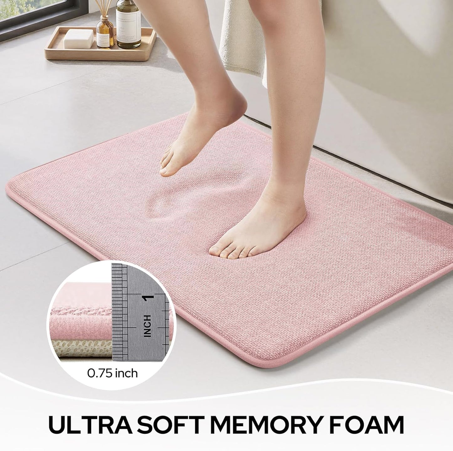 HOMEIDEAS Memory Foam Bathroom Rugs Set 2 Piece, Ultra Absorbent Quick Dry Bath Mats, Linen-Like Boho Bathroom Rug Set for Bath Floor, Shower & Tub (Pink, 32"x20" + 24"x17")