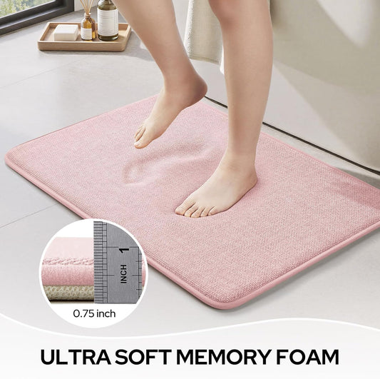 HOMEIDEAS Memory Foam Bathroom Rugs Set 2 Piece, Ultra Absorbent Quick Dry Bath Mats, Linen-Like Boho Bathroom Rug Set for Bath Floor, Shower & Tub (Pink, 32"x20" + 24"x17")