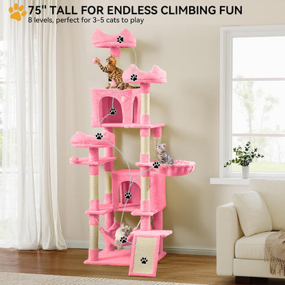 YITAHOME 75-Inch Tall Cat Tree Indoor: Multi-Level Kitten Tower with Kitty Condos, Top Perches, Sisal Ramp, Scratching Posts & Cozy Basket Hammocks Pet Play House Pink