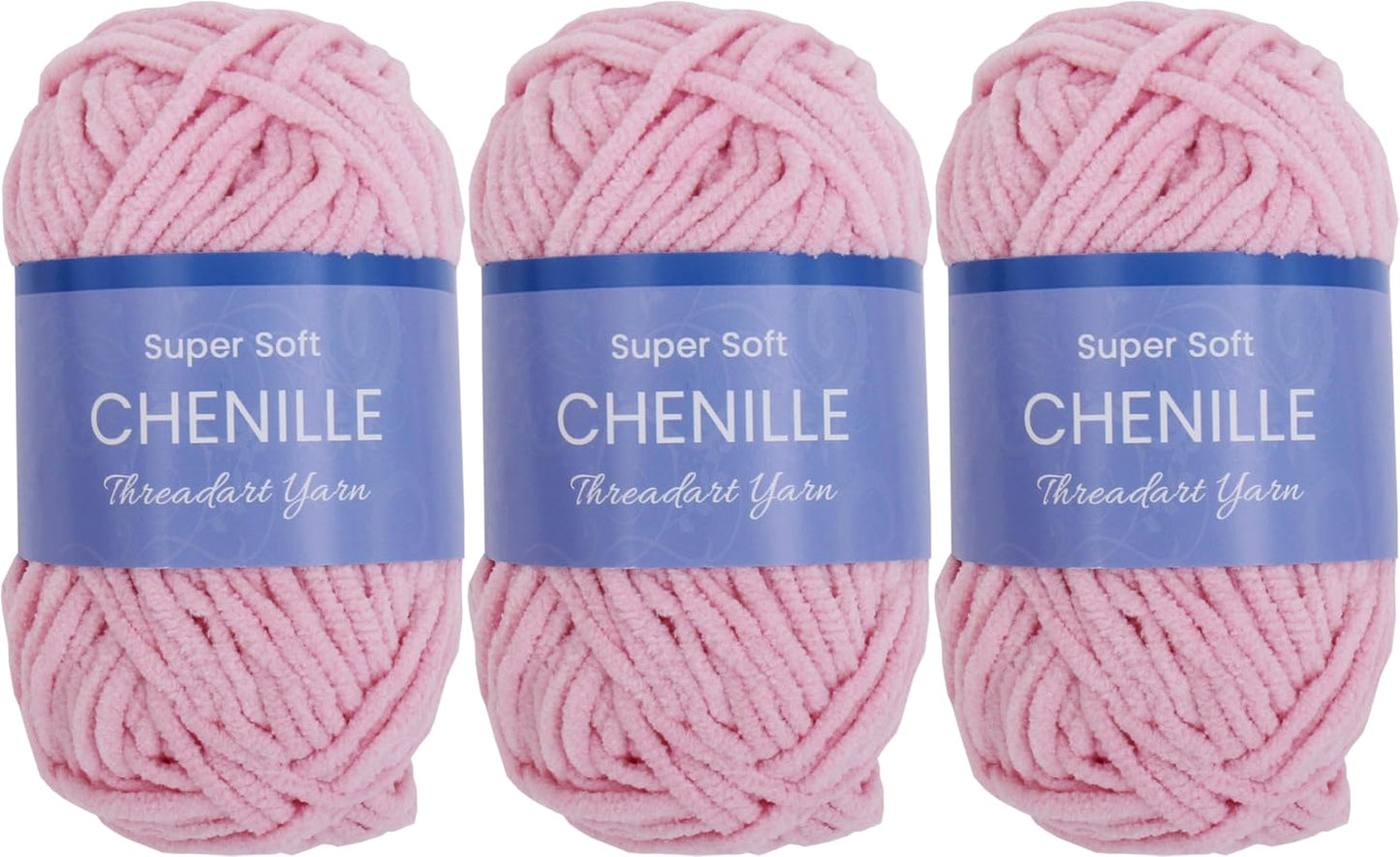 ThreadArt 3 Pack Chenille Yarn for Crochet, #5, Light Pink | Super soft plush chenille yarn for crochet, knitting, amigurumi, blankets and toys. Fluffy #5 weight, 50g/60yd skeins.