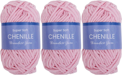 ThreadArt 3 Pack Chenille Yarn for Crochet, #5, Light Pink | Super soft plush chenille yarn for crochet, knitting, amigurumi, blankets and toys. Fluffy #5 weight, 50g/60yd skeins.