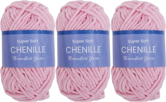 ThreadArt 3 Pack Chenille Yarn for Crochet, #5, Light Pink | Super soft plush chenille yarn for crochet, knitting, amigurumi, blankets and toys. Fluffy #5 weight, 50g/60yd skeins.