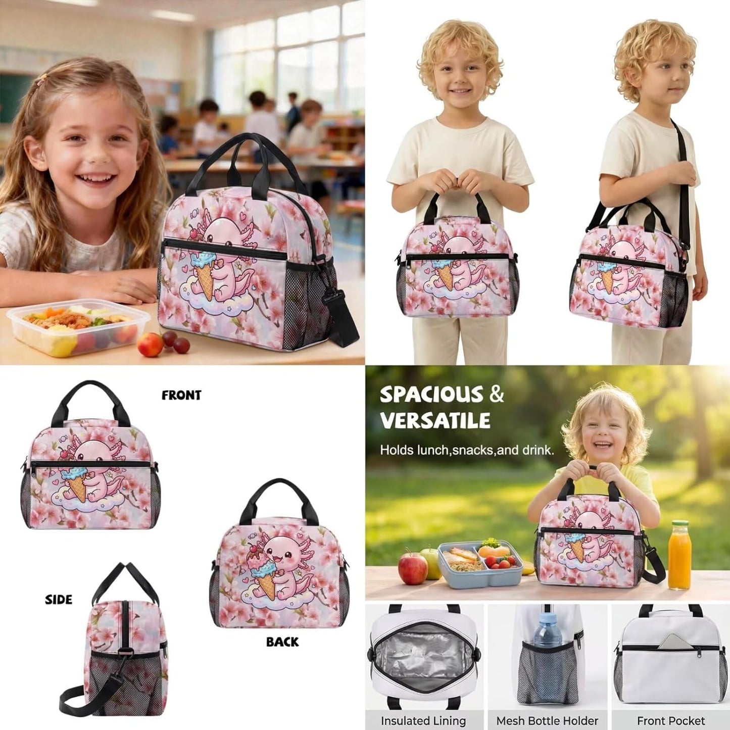 4 Pcs School Backpack Set Cherry Flower Pink Axolotl Print Elementary Student Bookbag 17 Inch Schoolbag with Lunch Box Pen Case Water Bottle Holder Bag for Outdoor