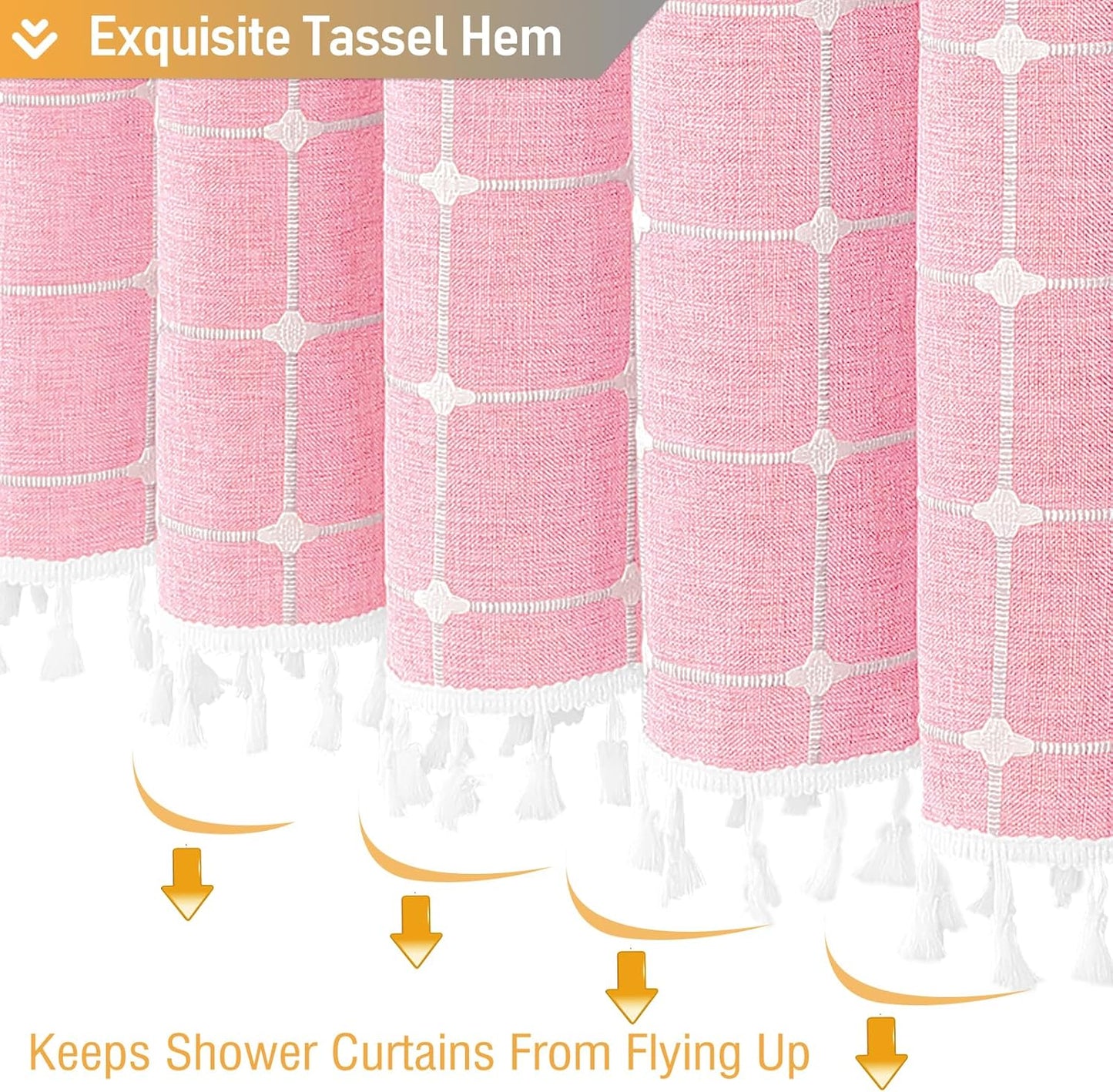 BTTN Boho Farmhouse Shower Curtain - Linen Rustic Heavy Duty Fabric Shower Curtain Set with Tassel, Water Repellent, Bohemian Vintage Country Thick Cloth Shower Curtains for Bathroom - Pink - 72x72