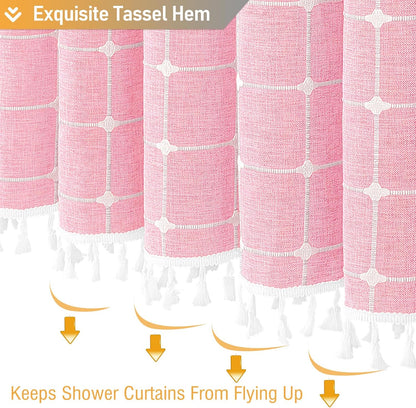 BTTN Boho Farmhouse Shower Curtain - Linen Rustic Heavy Duty Fabric Shower Curtain Set with Tassel, Water Repellent, Bohemian Vintage Country Thick Cloth Shower Curtains for Bathroom - Pink - 72x72