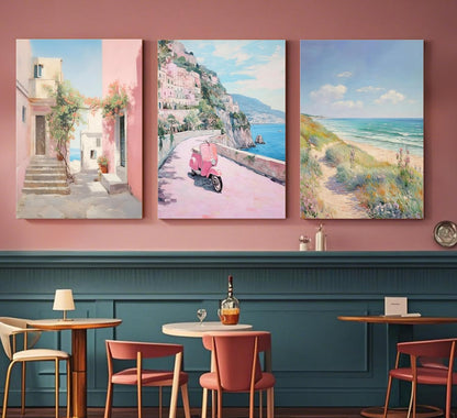 3Pcs Amalfi Coast Pastel Canvas Wall Art Trendy Pink Beach Preppy Painting Picture Wall Decor Aesthetic Italian Beachy Landscape Poster Print Artwork for Teen Girl Dorm Girls Room Home Decoration