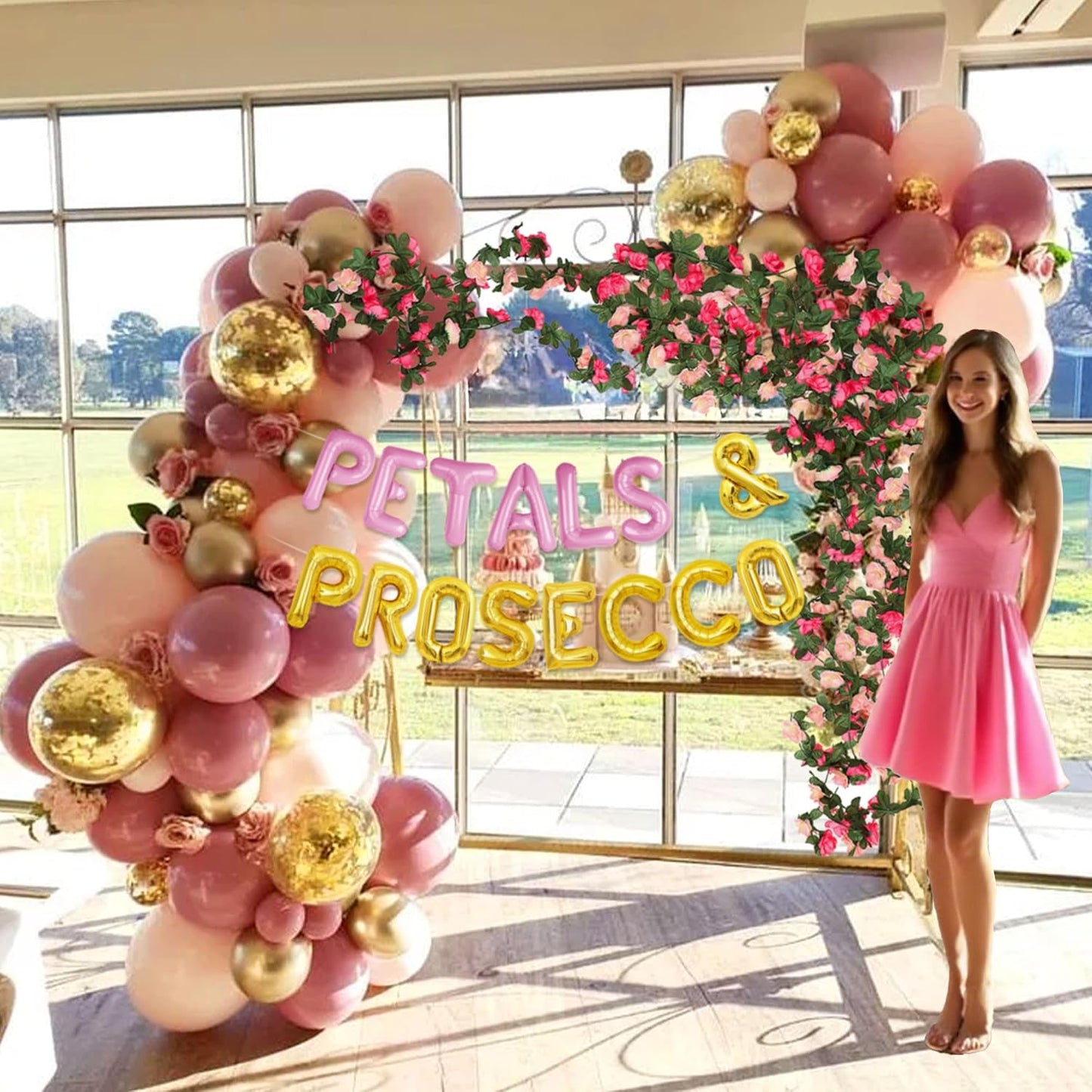 Petals And Prosecco Bridal Shower Decorations Artificial Pink Flowers Garland Prosecco Balloons Spring Roses Floral Hanging Garland Vine Wedding Party Supplies