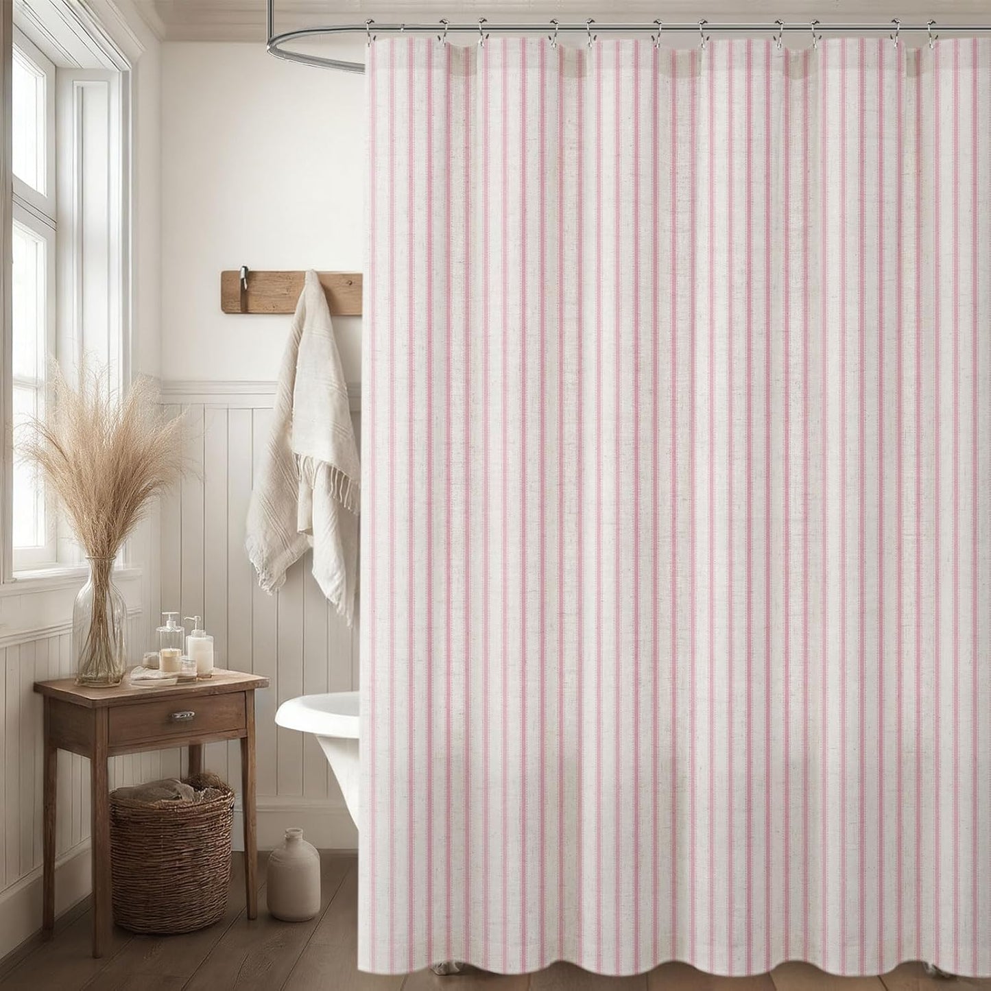 Farmhouse Stripe Shower Curtain,Pink Vintage Linen Shower Curtains for Bathroom 72 X 72