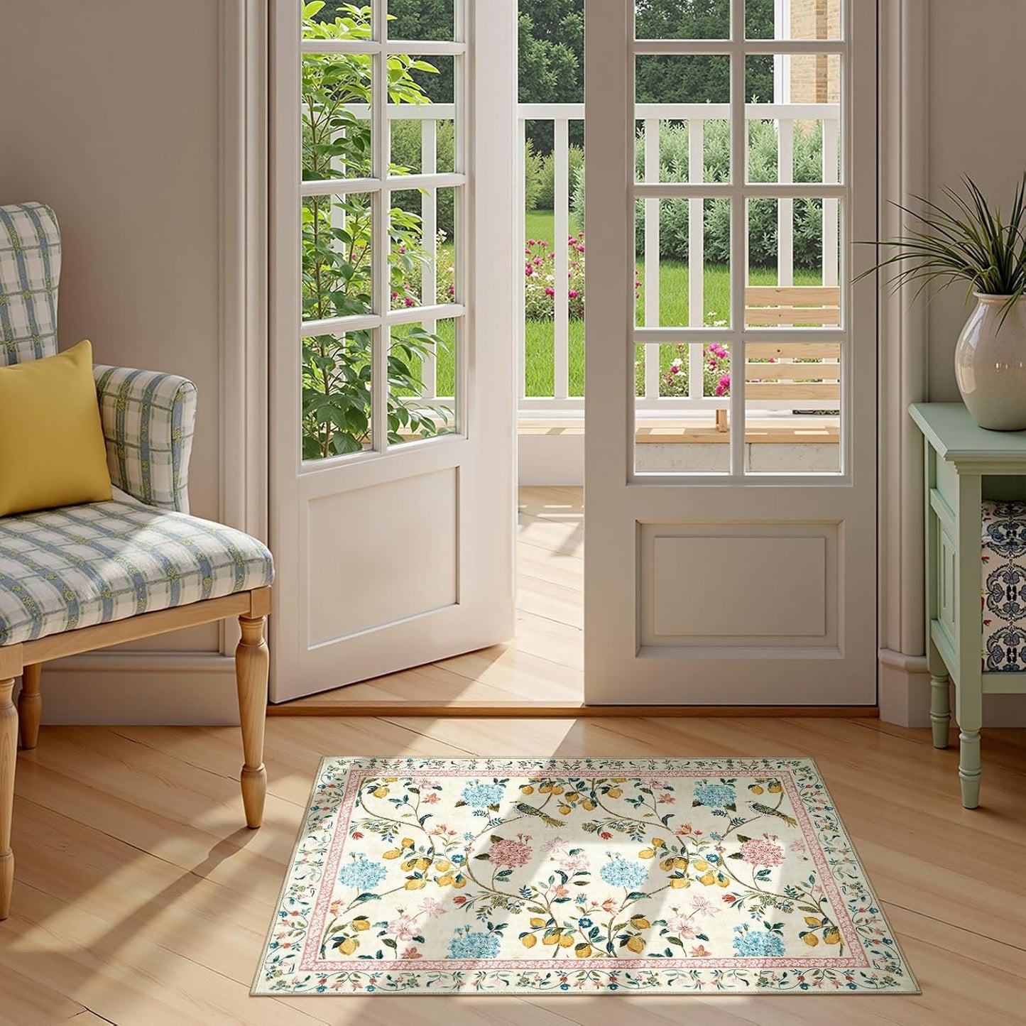 jinchan Area Rug 2x3, Floral Washable Indoor Entryway Doormat Chinoiserie Throw Non Slip, Low Pile Small Botanical Soft Rugs Retro Carpet for Bedroom Bathroom Decor Beige/Pink