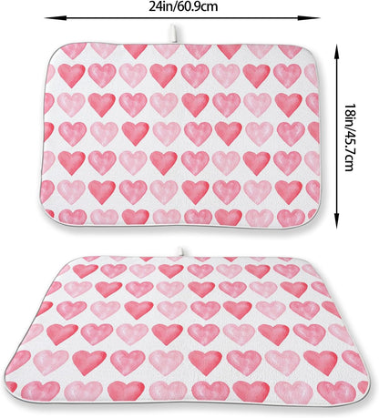 Valentines Day Dish Drying Mats 18x24 Inch Love Pink Heart Drying Mats Anniversary Mother's Day Holiday Valentines Decorations Absorbent Drying Dish Mats for Kitchen Dining Room Counter Decor