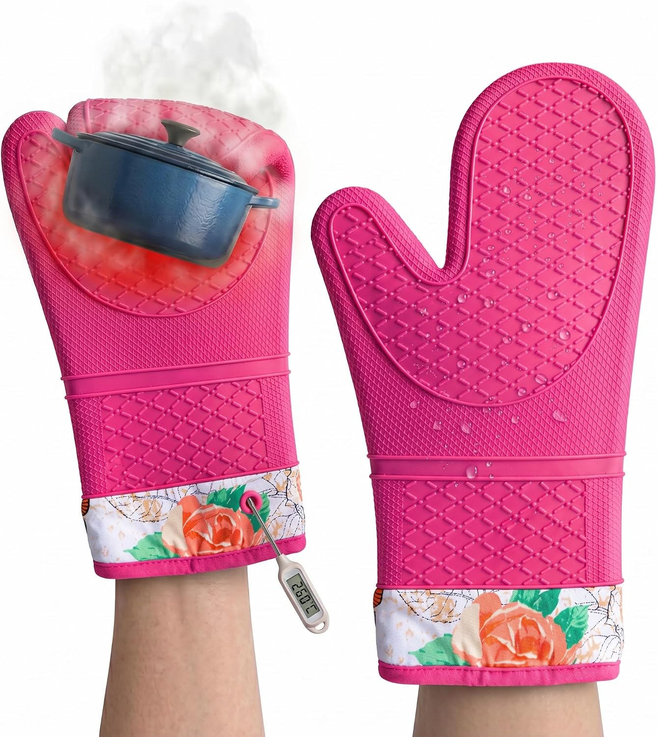 Pair of 2 Heat-Resistant Silicone Oven Mitts – Extra Long, Non-Slip Grip, Soft Cotton Lining, Perfect for Baking, Cooking & BBQ – 13” x 7” Kitchen Gloves (Pink Rose)