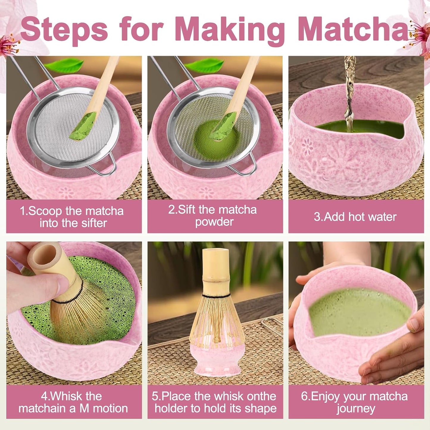 Pink Ceramic Matcha Set with Bowl, Whisk & Sifter Tool - Complete Starter Kit for Tea Lovers, Gifts for Women (Pink)
