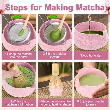 Pink Ceramic Matcha Set with Bowl, Whisk & Sifter Tool - Complete Starter Kit for Tea Lovers, Gifts for Women (Pink)