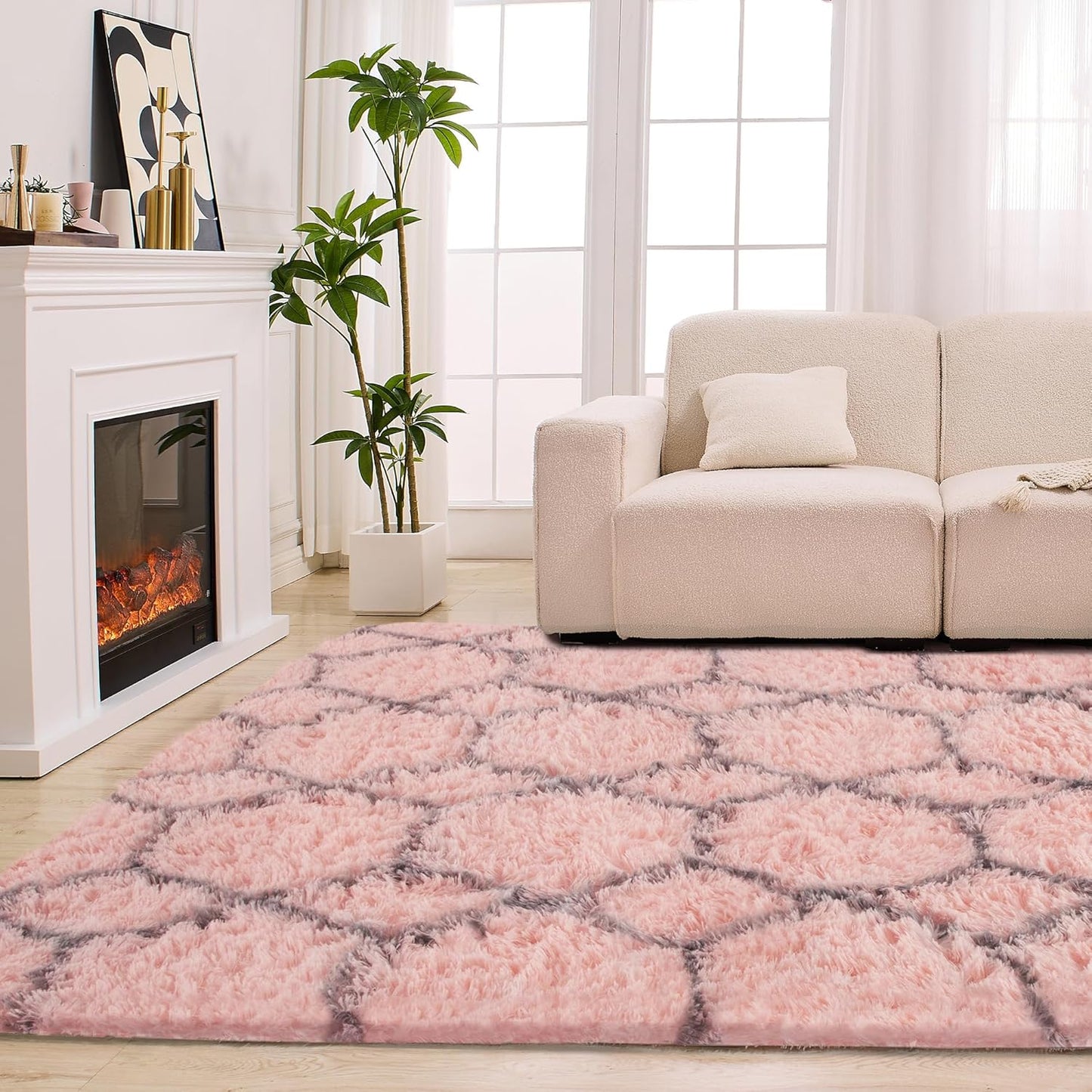 6x9 Pink Area Rugs for Living Room Bedroom, Washable Large Fluffy Throw Rug, Geometric Soft Plush Shaggy Floor Carpet for Nursery Kids Girls Boys Teen Dorm Home Decor Aesthetic, Pink/Grey