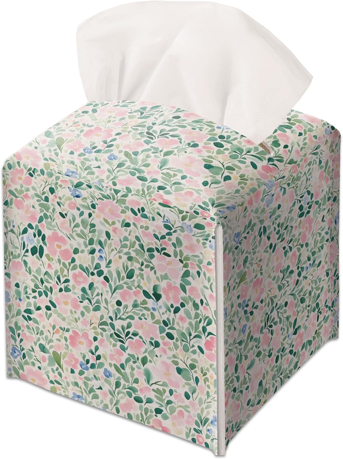 Modern Square Leather Tissue Box Cover/Case Holder Gifts for Women Family and Friends, Decorative Holder/Organizer for Bathroom Kitchen Nightstand Office Home (Pink Pastel Floral)